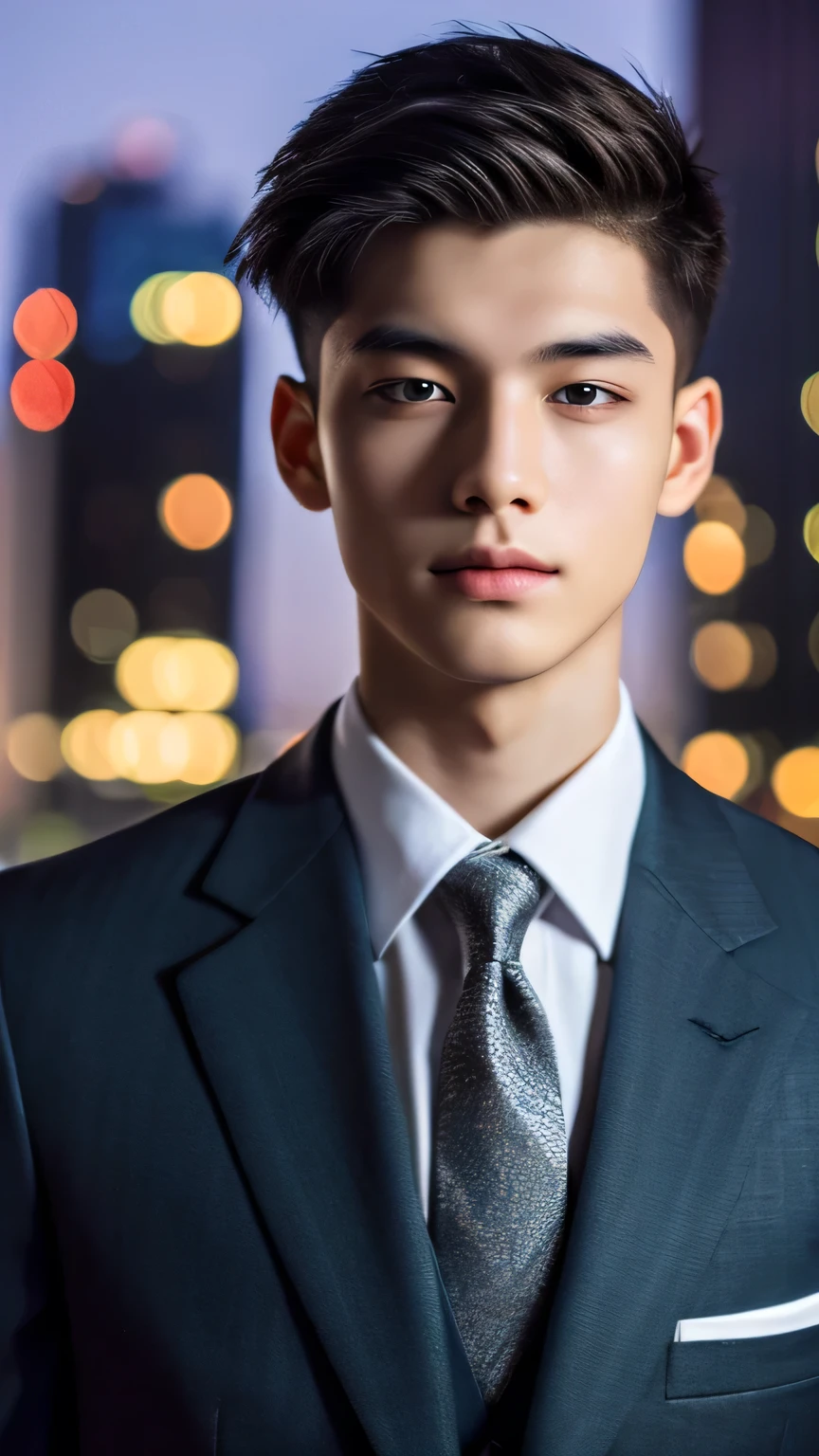 Highest quality, masterpiece, Ultra-high resolution, (Realistic: 1.4), Original photo, wallpaper, Head Photo, skin, Simple Background, Iris, detailed, Selfie, 1 boy, 18-year-old, good looking, Wind,night、suit