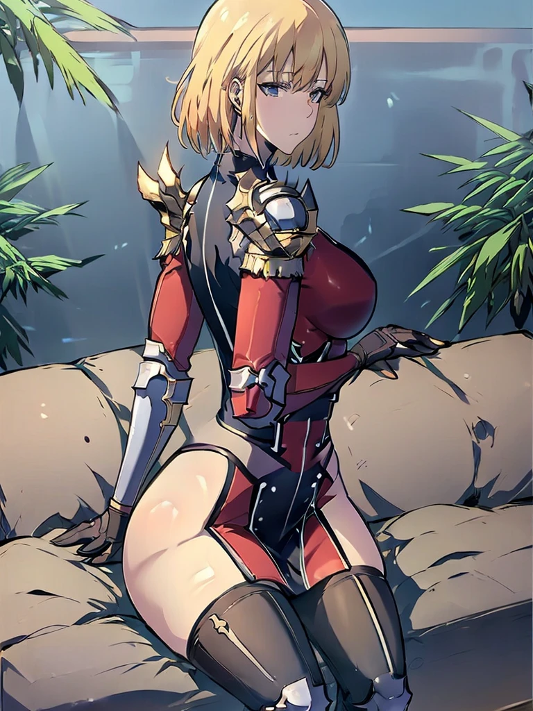 1sologirl (cha hae-in) sitting on wooden bench at park showing back to me, expressionless, looking at viewer, golden armor, leather black collar, shoulder armor, long sleeves, red gloves gauntlets, pelvic curtain, plain breasts, thick thighs, curvy hips, military boots with feet together