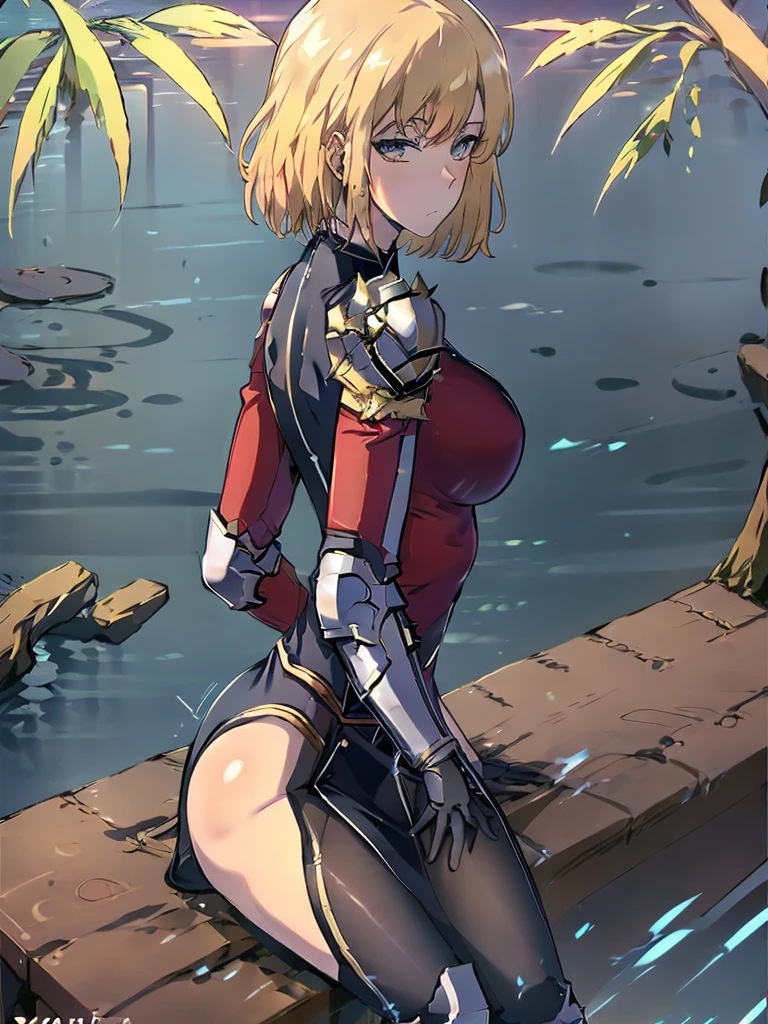 1sologirl (cha hae-in) sitting on wooden bench at park showing back to me, expressionless, looking at viewer, golden armor, leather black collar, shoulder armor, long sleeves, red gloves gauntlets, pelvic curtain, plain breasts, thick thighs, curvy hips, military boots with feet together