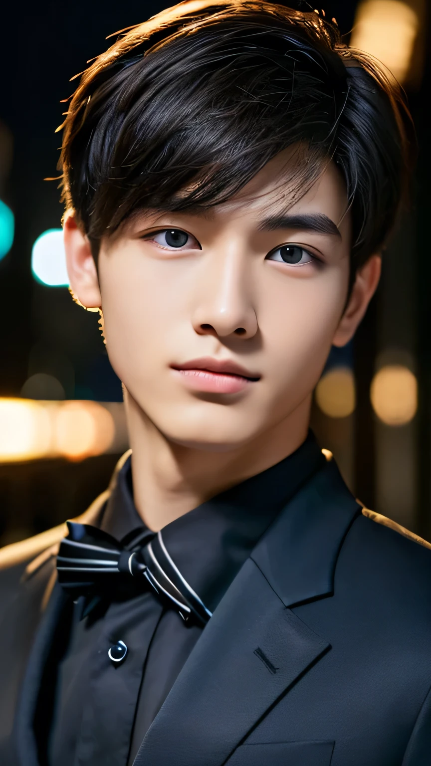 Highest quality, masterpiece, Ultra-high resolution, (Realistic: 1.4), Original photo, wallpaper, Head Photo, skin, Simple Background, Iris, detailed, Selfie, 1 boy, 18-year-old, good looking, Wind,night、suit