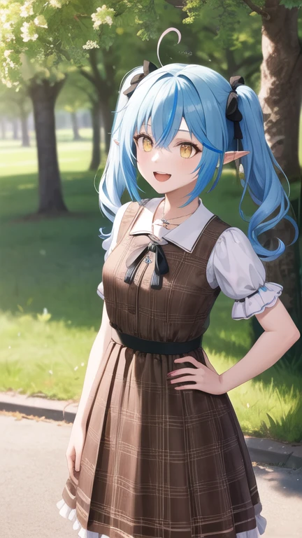 masterpiece, best quality, highres, 1girl, ddlamy, twintails, streaked hair, ahoge, hair ribbon, black ribbon, jewelry, plaid, frills, brown dress, short sleeves, cowboy shot, standing, outdoors, park, hand on hip, smile, open mouth,