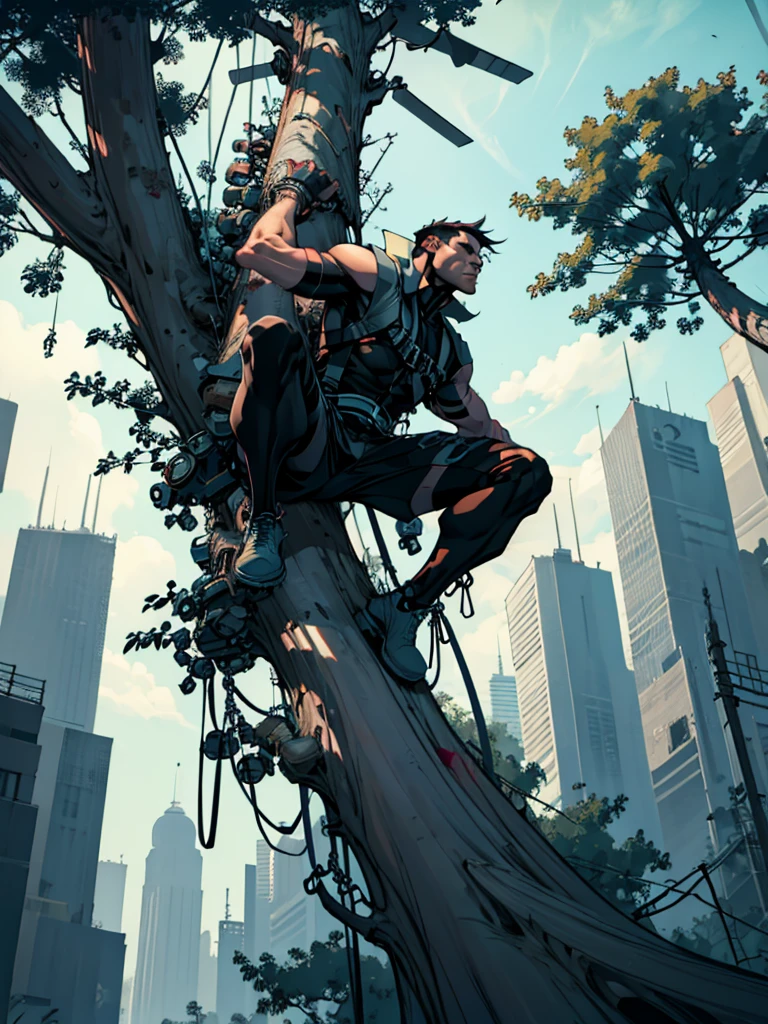 Man with cybernetic arms climbing a giant tree in the middle of a city
