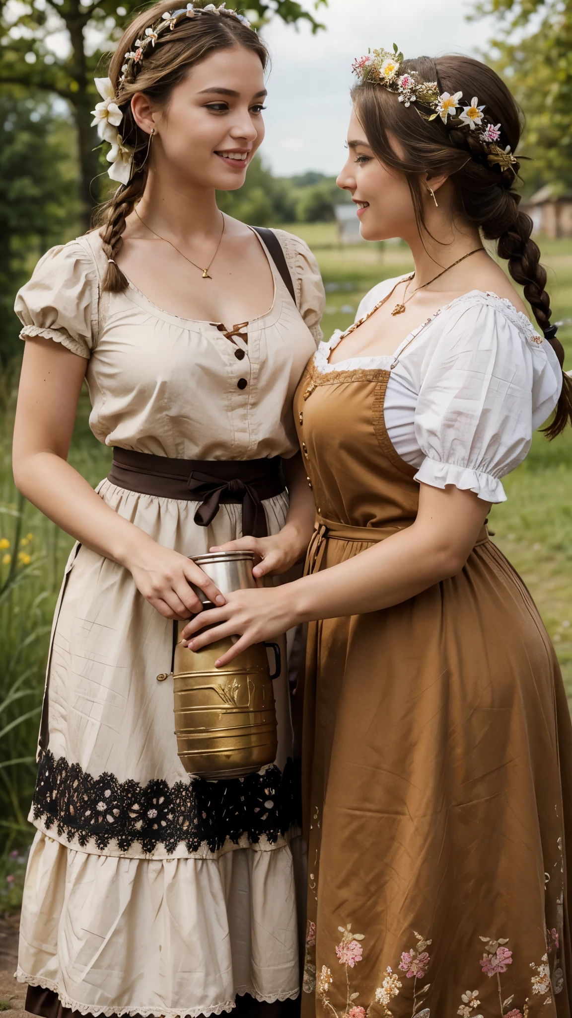 Front view,  raw a scene featuring traditional German costumes from the 1930s. looking at viewer, female 20 years-old, (brown hair ,double braid, smile), (flower crown gold neckless, lady's watch),  (little fat body, holding Beer mug and Frankfurt sausage), (The women are wearing  embroidered Dirndls, which include a close-fitting bodice with a low neckline, a blouse worn under the bodice, a wide high-waisted skirt, and many  flower arrange black embroidered  apron).  The setting is a rural village during a festival, with people engaging in traditional activities and celebrating their heritage .textured skin , HI detailed skin, (foreshortening, Canon, 8K, anatomically correct, super detail, high details, highness)