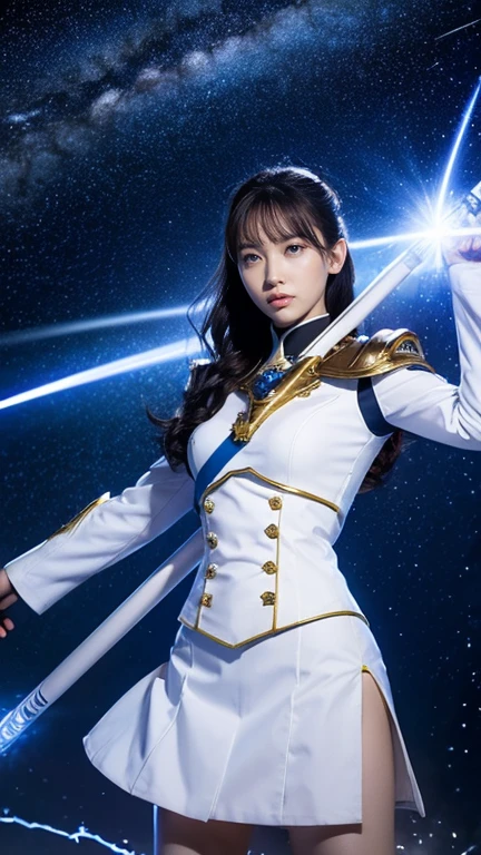 White combat uniform、skirt、Goddess of War、Staff、High resolution、Unknown powers、thunder、Wind、inflammation、muscle、Planetary alignment、Starry Sky、Blue light、Laser beam、God&#39;s Weapon、Diffuse reflection of light、cyber-、Valkyrie、Valkyrie