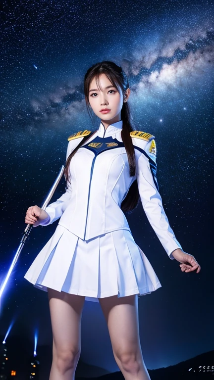 White combat uniform、skirt、Goddess of War、Staff、High resolution、Unknown powers、thunder、Wind、inflammation、muscle、Planetary alignment、Starry Sky、Blue light、Laser beam、God&#39;s Weapon、Diffuse reflection of light、cyber-、Valkyrie、Valkyrie