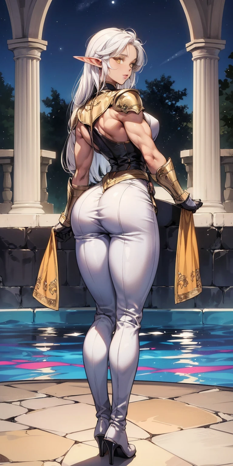 masterpiece, best quality, high quality, 1solo dark black SKIN elf, long hair, white hair, yellow eyes, full body, breastplate, looking at viewer, shiny, armor, thigh highs, high boots, shoulder armor, faulds, poleyn, gloves, gauntlets, (((1 girl))), medium to large breasts, a beautiful and cute lady, standing, (((in the pool at night))), (big muscular ass), {{{wearing armor }}} (thin waist), (incredibly beautiful full body photo, standing, (((bright eyes))), good anatomy, perfect hand muscular legs))), thin waist, muscular abdomen, wearing black high heel shoes, (((with her back to me showing her big shapely ass to me))), grabbing own ass