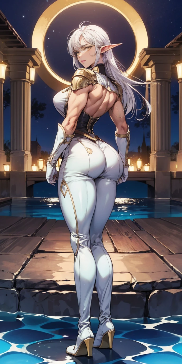 masterpiece, best quality, high quality, 1solo dark black SKIN elf, long hair, white hair, yellow eyes, full body, breastplate, looking at viewer, shiny, armor, thigh highs, high boots, shoulder armor, faulds, poleyn, gloves, gauntlets, (((1 girl))), medium to large breasts, a beautiful and cute lady, standing, (((in the pool at night))), (big muscular ass), {{{wearing armor }}} (thin waist), (incredibly beautiful full body photo, standing, (((bright eyes))), good anatomy, perfect hand muscular legs))), thin waist, muscular abdomen, wearing black high heel shoes, (((with her back to me showing her big shapely ass to me))), grabbing own ass