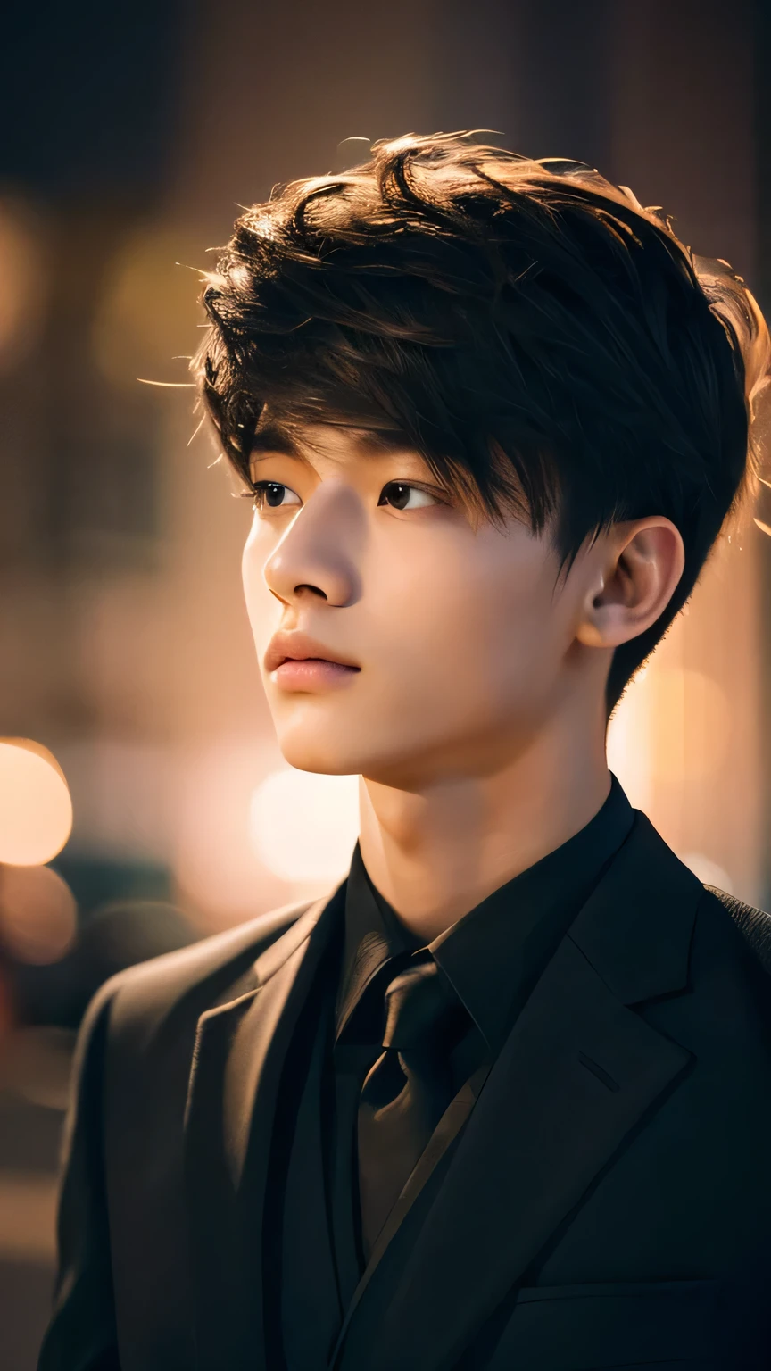 Highest quality, masterpiece, Ultra-high resolution, (Realistic: 1.4), Original photo, wallpaper, Head Photo, skin, Simple Background, Iris, detailed, Selfie, 1 boy, 18-year-old, good looking, Wind,suit、night
