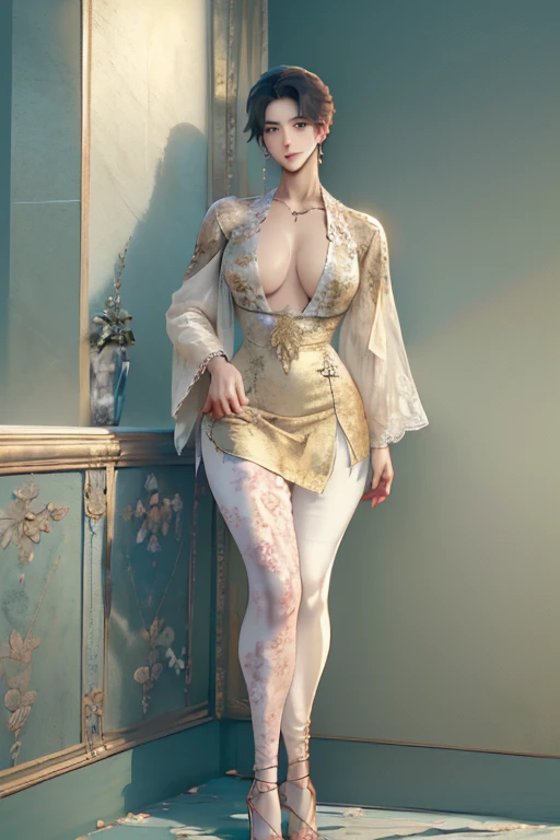 ((best quality,4k,highres,masterpiece:1.2)),((character concept art)), 1 man, age 25, Chinese Hong Kong, Hong Kong Elite, eldest sister, triad male leader, Known for her impeccable fashion sense and elegant demeanor, she is a true embodiment of the Versace brand. His body language is as captivating as his style, always exuding confidence and high fashion. (((he's wearing an exquisite Versace Barocco-print Shirt in Silk and Barocco-print leggings gold-tone/white/black, a true testament to the brand's luxurious aesthetic.))) Paired with Versace  Tribute Sandals, she carries her ensemble with an air of effortless sophistication. Her accessories include a pair of Versace Tribute Sunglasses, enhancing her overall look. ((intricate detail)), super finely detailed hands, ultra finely detailed fingers(((ten fingers))), (standing still with confidently), (full body showcase), (show full body), (no logos on background), (no logo), ((plain background)), ((plain background)), (((empty background))).hot man, hot male , hot man , very small spikey boyish haircut, hot man 