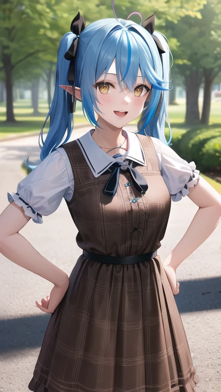 masterpiece, best quality, highres, 1girl, ddlamy, twintails, streaked hair, ahoge, hair ribbon, black ribbon, jewelry, plaid, frills, brown dress, short sleeves, cowboy shot, standing, outdoors, park, hand on hip, smile, open mouth,