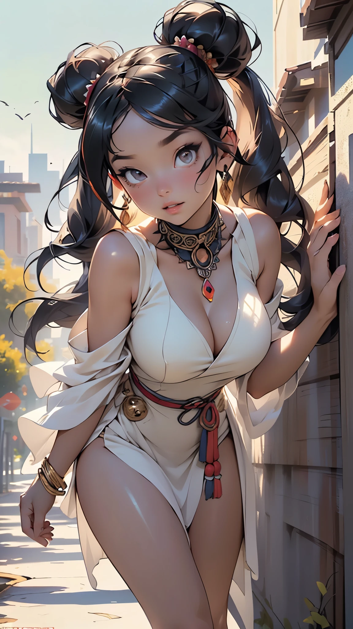 ((Pocahontas)),1girl,((Native American)),

(large breasts:1.5),((tlily, black hair, twintails,her black and loose hair,dark long hair,(floating hair:1),straight hair)),(((black_eyes:1.3))),intricate eyes,beautiful detailed eyes,symmetrical eyes,((((dark skin,lustrous skin:1.5,bright skin: 1.5,shiny skin,very shiny skin,shiny body)))),(spider lower abdomen,narrow waist,wide hip,athletic body,inflated legs,thick thighs),(((detailed face))),beautiful detailed lips,Highlighted feminine curves,athletic build,slim athletic waist, wide hips,fair skin, high cheekbones, straight nose, full lips, flat belly, thin waist, wide hips, large ass, long legs, thick thighs,

cute,slutty,sensual,seductive look,seductive,((erotic)),(((nsfw))),
 
(feather hair ornament, headband),(bare legs,exposed shoulders,cleavage),((tribal, tribal dress:1), ((Native American dress,dress)), native american theme, beads, feathers, flowers, ornaments, ((ocher colored clothes))),

dynamic pose,looking at viewer,embarrassed,centered,scale to fit dimensions,Rule of thirds,

outdoors,(in the mountains. Nevada desert visible. sunset),scenery,extremely scenery,(sunset, golden hour),

(Glossy native american ornaments),highres,sharp focus,(ultra detailed,extremely detailed),(photorealistic artwork:1.37),(extremely detailed CG unity 8k wallpaper),(((vibrant colors,vibrant theme))),(intricate),(masterpiece),(best quality),artistic photography,(photography taken by sldr),(intricate background),perfect rendered face,perfect face details,realistic face,photo realistic,((intricate detail)),(((realism))),
