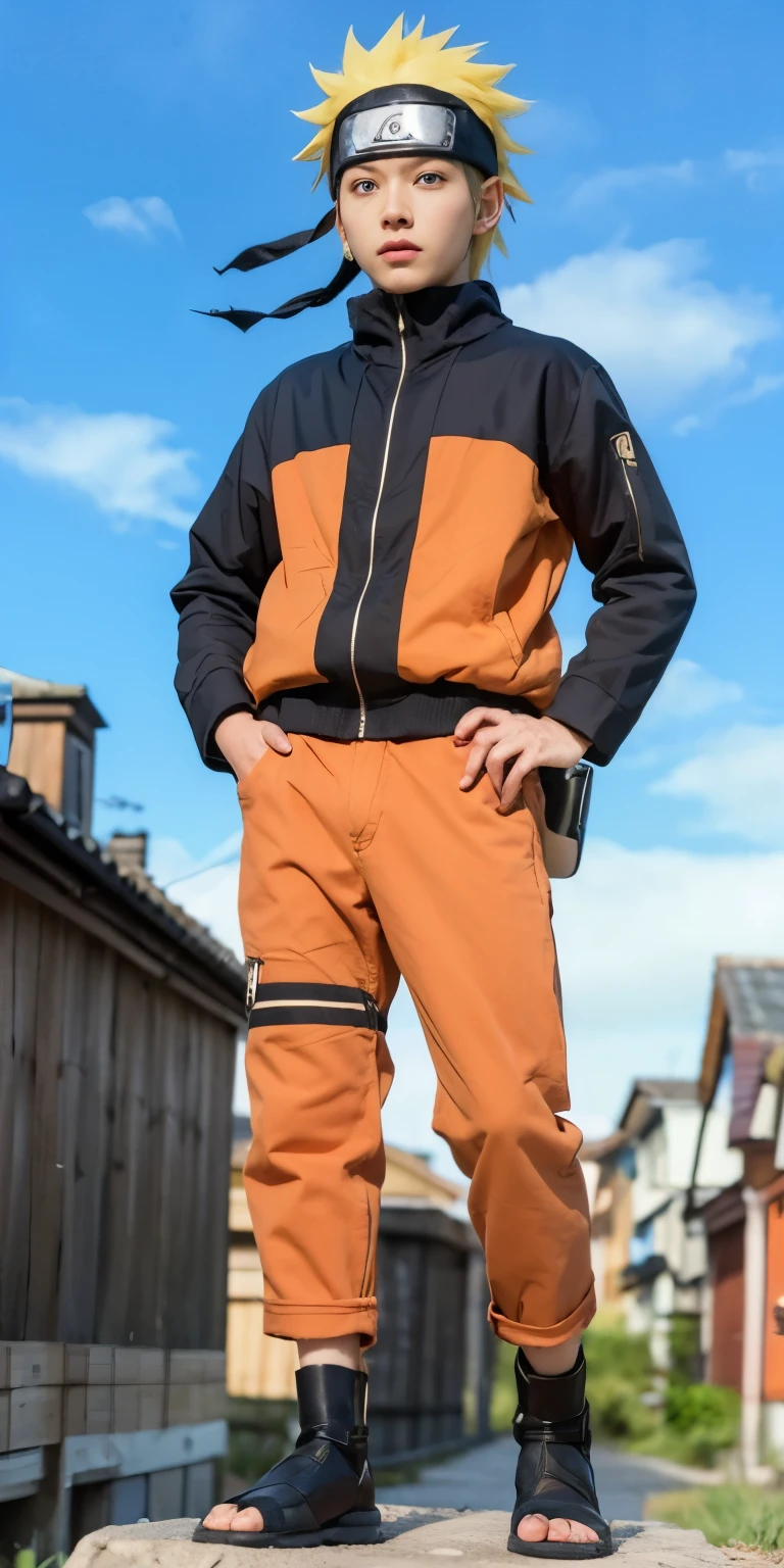 Naruto uzumaki, naruto shippuden, male, friendly face , blue eyes, yellow hair, detailed hair, orange black clothes, beautiful village of konoha background:1.2, beautiful sky:1.2, aesthetic light effect:1.2, detailed mask, detailed hand, detailed body, ultra-realistic1.2, ultra-detailed1.2, bestquality, masterpiece.