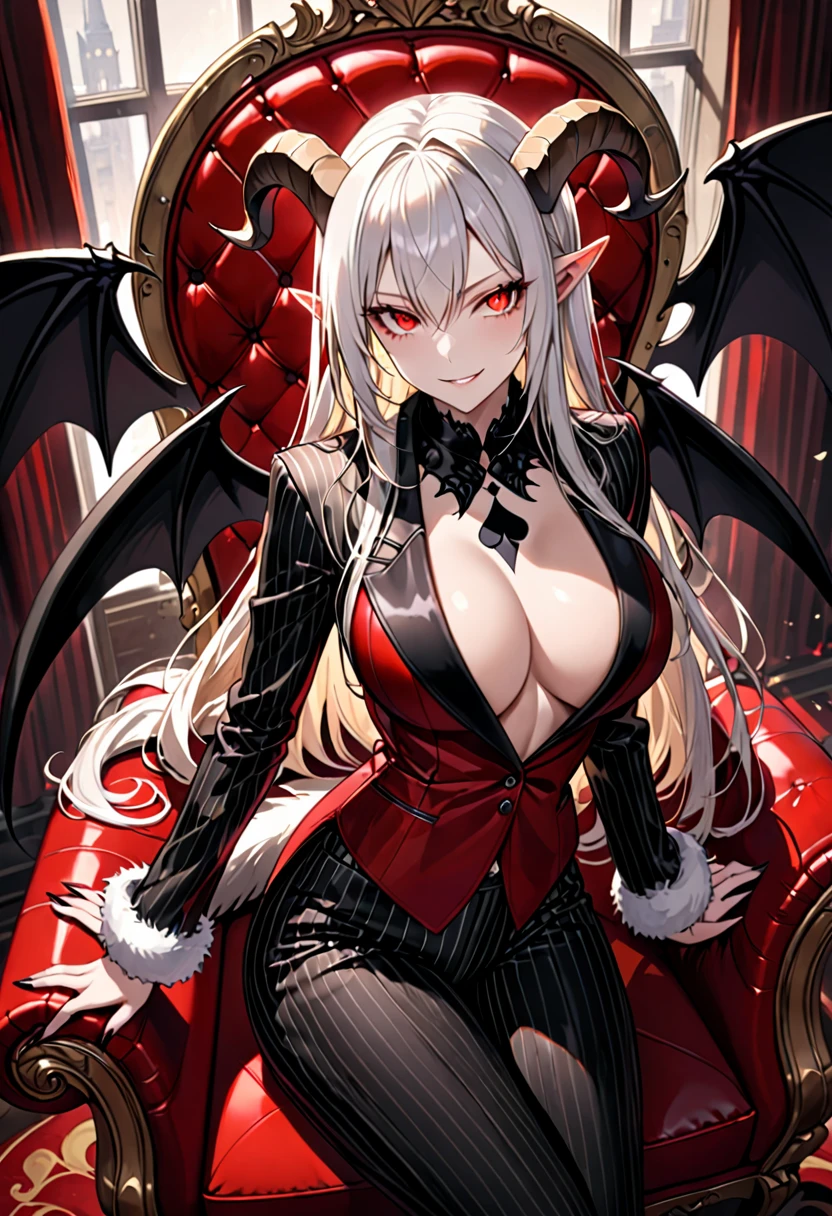 solo, female, long white hair, straight hair, black goat horns, short pointed ears, red eyes, slit pupils, large breasts, tall, black business suit, red dress shirt, spade tail, black demon wings, pinstripe suit, pinstripe pants, smirk, seductive, luxurious, red leather sofa chair, velvet, curvaceous, warm, close up, fur collar jacket:1.4, from above