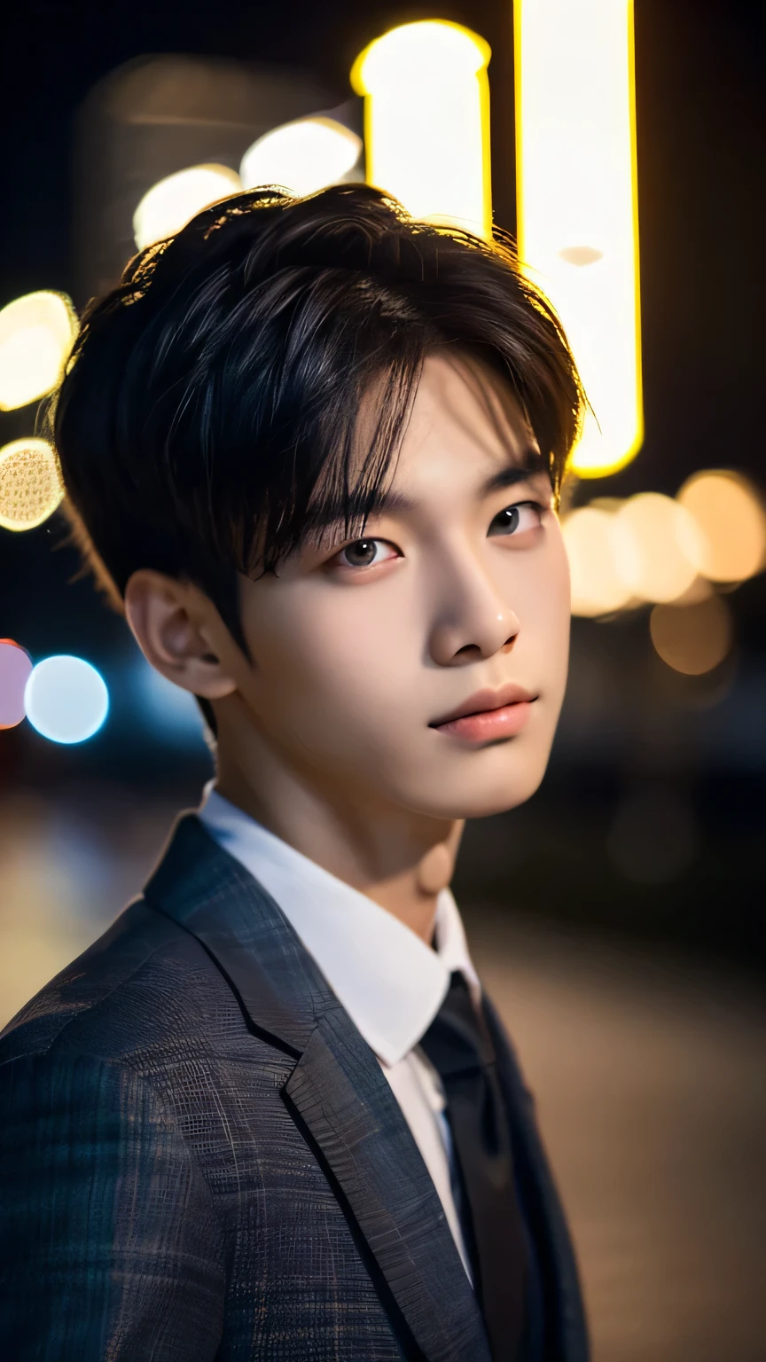 Highest quality, masterpiece, Ultra-high resolution, (Realistic: 1.4), Original photo, wallpaper, Head Photo, skin, Simple Background, Iris, detailed, Selfie, 1 boy, 18-year-old, good looking, Wind,suit、night