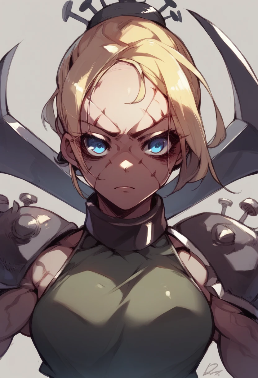 Anime female skinhead,blonde, blue eyes, dark punk clothes, mercenary, deadly and skilled, y german