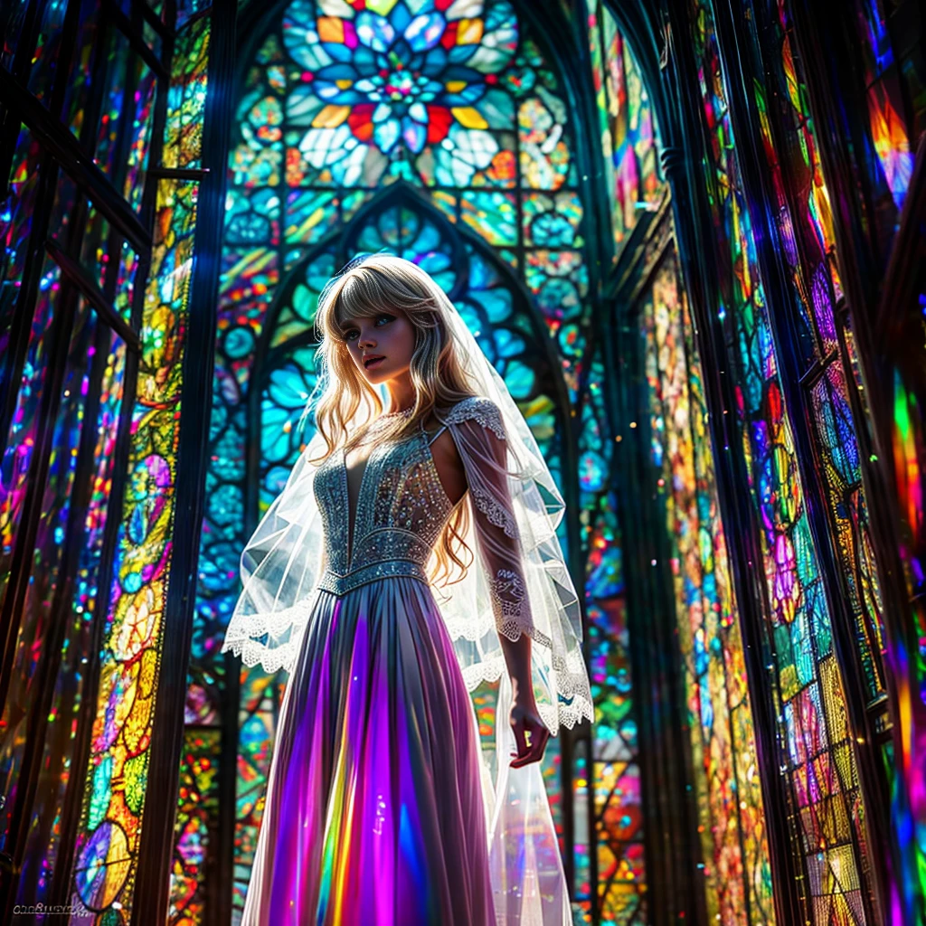  (Cathedral from below:1.28) (ZoomLayer) TopQuality 8K masterpiece of ((Professional photo)), (((Clarisse de Cagliostro))) (Detailed White WeddingDresses), Chain, (((Extremely detailed KAWAII face))) {((VeiledFace))|BlondeHair|(Elaborate BuleEyes)with(SparklingHighlights:1.28)}, The background is distant (((Elaborate stained glass))) Rainbow Glass, {(MysticSight)|EnchantingAtmosphere|Haze|(GodRays)|TyndallEffect}, Radiant PearlSkin with Transparency, (Exposed:0.39)
