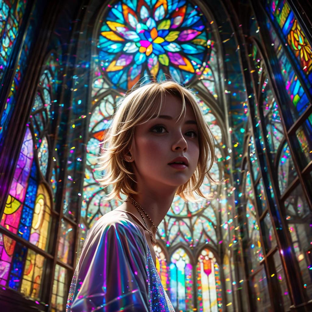  (Cathedral from below:1.28) (ZoomLayer) TopQuality 8K masterpiece of ((Professional photo)), (((Clarisse de Cagliostro))) (Detailed White WeddingDresses), Chain, (((Extremely detailed KAWAII face))) {((VeiledFace))|BlondeHair|(Elaborate BuleEyes)with(SparklingHighlights:1.28)}, The background is distant (((Elaborate stained glass))) Rainbow Glass, {(MysticSight)|EnchantingAtmosphere|Haze|(GodRays)|TyndallEffect}, Radiant PearlSkin with Transparency, (Exposed:0.39)