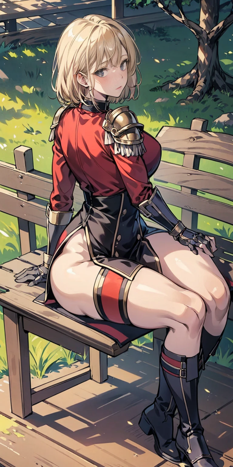 1sologirl (cha hae-in) sitting on wooden bench at park showing back to me, expressionless, looking at viewer, golden armor, leather black collar, shoulder armor, long sleeves, red gloves gauntlets, pelvic curtain, plain breasts, thick thighs, curvy hips, military boots with feet together