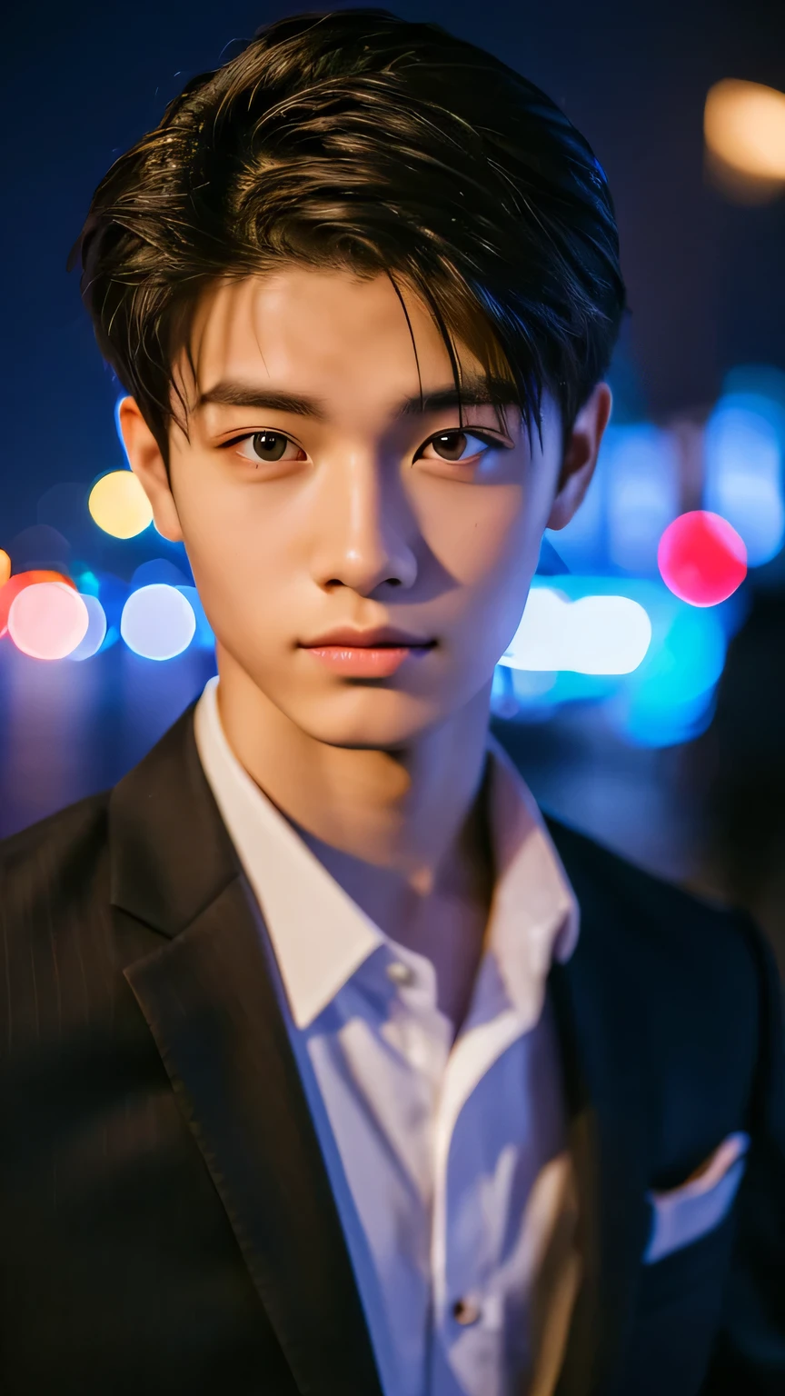Highest quality, masterpiece, Ultra-high resolution, (Realistic: 1.4), Original photo, wallpaper, Head Photo, skin, Simple Background, Iris, detailed, Selfie, 1 boy, 18-year-old, good looking, Wind,suit、night