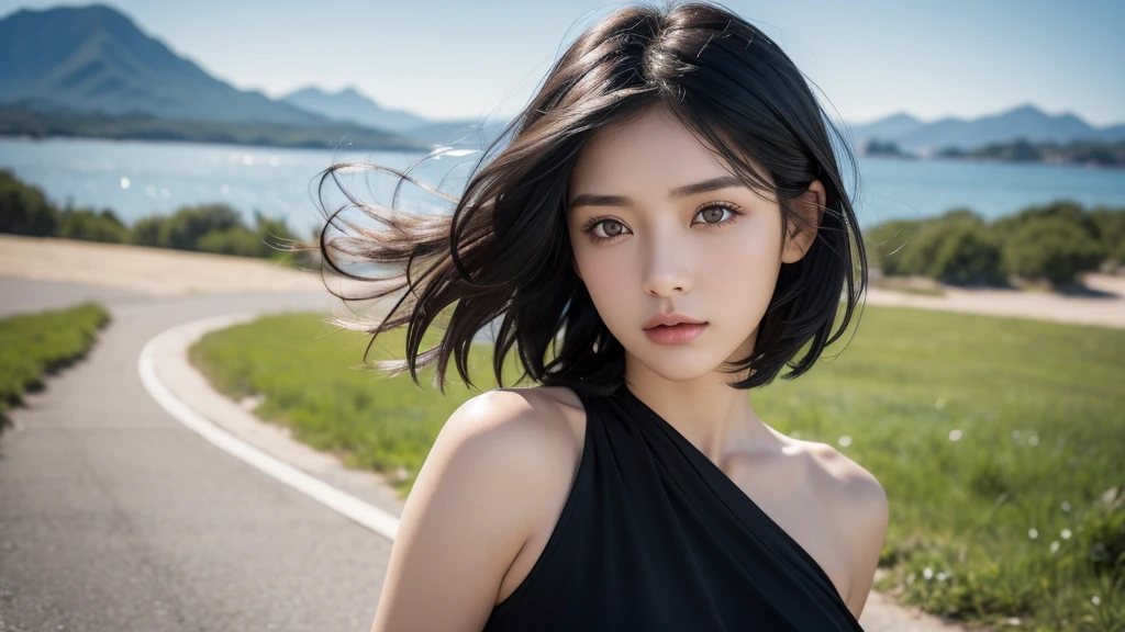 , blown by the long wind [Blue-black:.3] hair,looking at the viewer, (masterpiece:1.3), (8K, realistic, Raw photo, highest quality: 1.4), Japanese, (1 girl), beautiful face, (realistic face), (black hair, short hair:1.3), beautiful hairstyle, realistic eyes, detailed and beautiful eyes, (realistic skin), beautiful skin, Charm, ultra high resolution, surreal, very detailed, golden ratio,