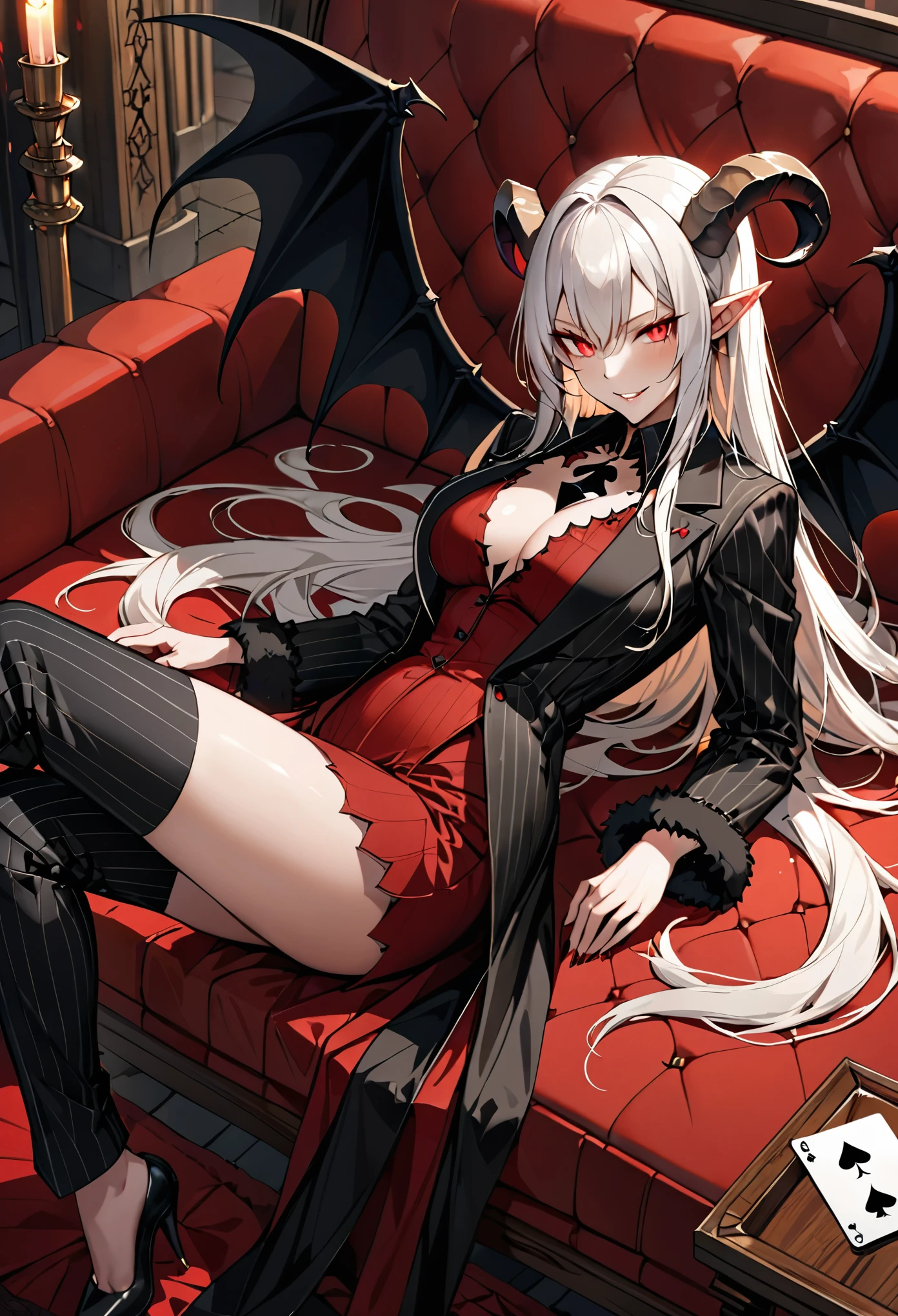 solo, female, long white hair, straight hair, black goat horns, short pointed ears, red eyes, slit pupils, large breasts, tall, medieval, black business suit, red dress shirt, spade tail, black demon wings, pinstripe suit, pinstripe pants, succubus, smirk, seductive, luxurious, lounge couch, curvaceous, warm, intimate atmosphere, close up, fur collar jacket:1.4, male suit, from above