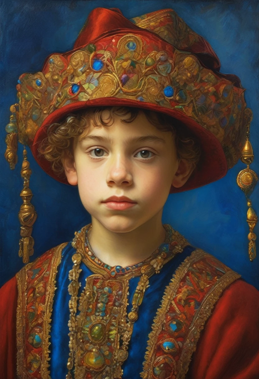 a close up of an oil painting of a boy wearing a multicolored hat with gold on red colors, Unripe, blue and gold, inspired by James Christensen, inspirado em James C. Christensen, very Beautiful portrait, johannes vemeer, beautiful character painting, Beautiful portrait, Rembrandt beautiful light, inspired by Geertgen all Sint Jans, Rembrandt oil, in high renaissance style