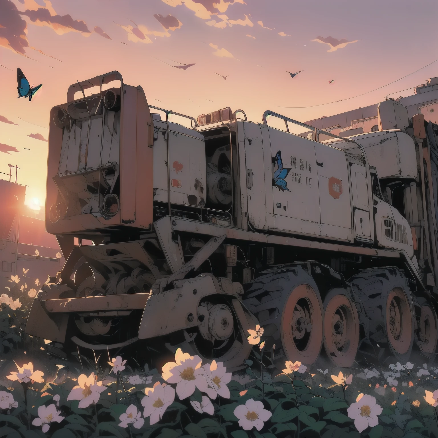 (((masterpiece, Highest quality)))、(((32K Wallpapers)))、Detailed Machinery、Abandoned Factory、Atrium、(((White Flower Field)))、(((Detailed rusty giant heavy machinery)))、Gorgeous light leaks、(((sunset)))、fog、Detailed Background、Highest quality、(((unmanned)))、Broken huge heavy machinery、Complex, huge heavy machinery、Faint lighting、、(((Dull colorany white flowers fluttering down)))、(((Heavy machinery covered with flowers)))、(((Lots of butterflies)))、(((Abandoned garage)))、、(((Red Sunset))、Strong backlighting、(((Huge heavy machinery in the foreground)))