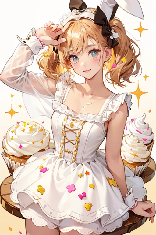 A pale cream cupcake GIRL bunny with a bite missing in her left ear. She has a basic face and chocolate syrup dripping down her head, adorned with a caramel-colored bow, two sprinkles, and a single tan sprinkle. SPARKLE; GLITTER