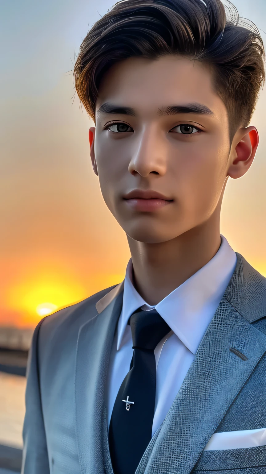 Highest quality, masterpiece, Ultra-high resolution, (Realistic: 1.4), Original photo, wallpaper, Head Photo, skin, Simple Background, Iris, detailed, Selfie, 1 boy, 18-year-old, good looking, Wind,suit、Sunset