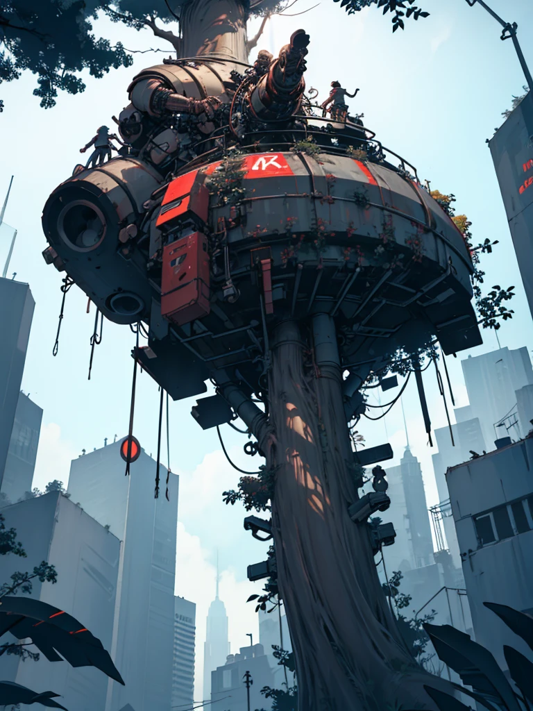 Man with cybernetic arms climbing a giant tree in the middle of a city