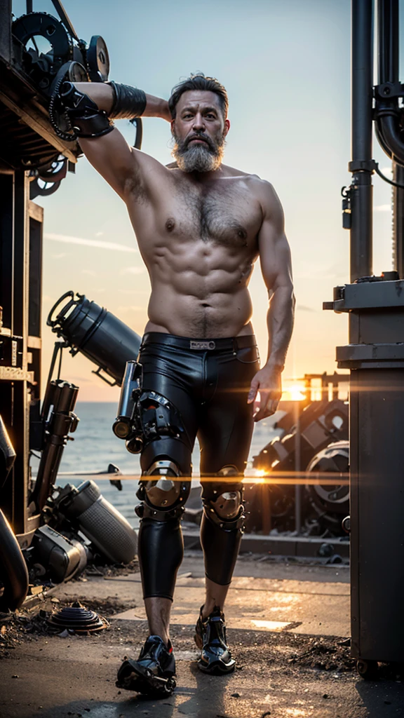Breathtaking full body shot, full body, broken, (hacked arm: 1.4), front viewer, (Looking at viewer: 1.4), dynamic pose, reelmech, (mechanical parts: 1.5) , missing parts, dirty, oil leak, (damaged: 1.3), 45 year old man with large, full beard, athletic face, damaged eye socket, walking at sunset, work of art, award winning, professional, highly detailed