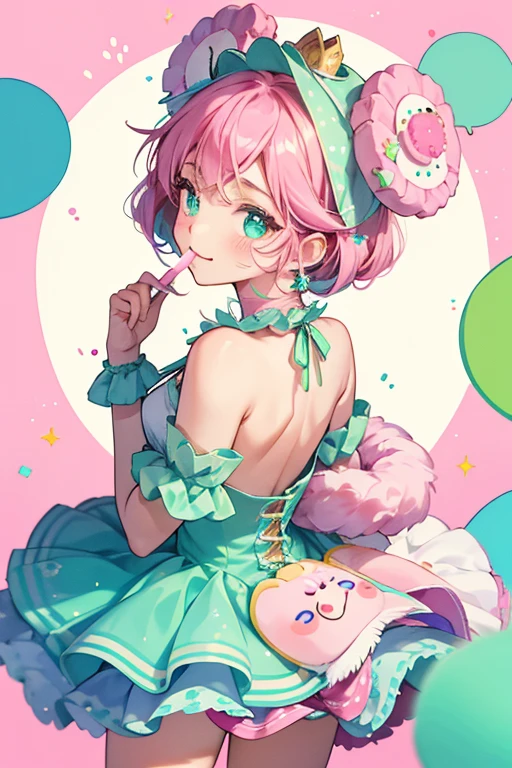 A green-blue cupcake GIRL bear with a basic facial expression and swirled pink cream on her head. She has fuchsia sprinkles on her back. SPARKLE; GLITTER
