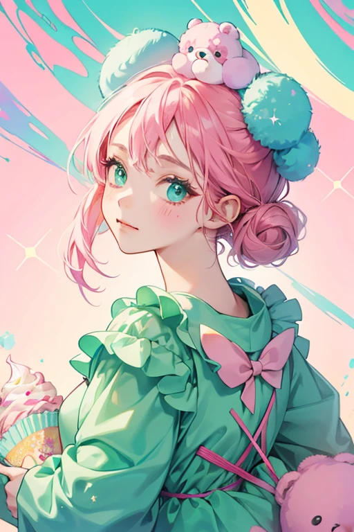 A green-blue cupcake GIRL bear with a basic facial expression and swirled pink cream on her head. She has fuchsia sprinkles on her back. SPARKLE; GLITTER
