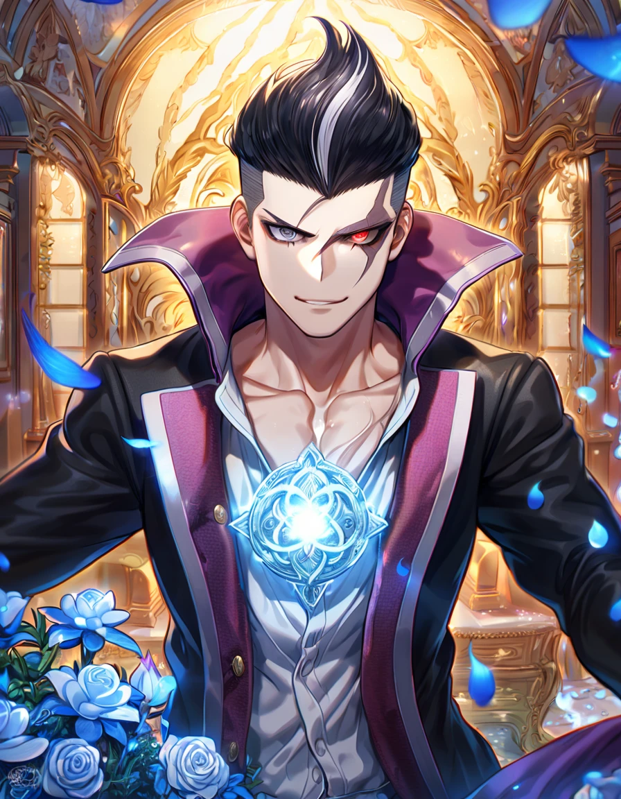 absurdres, highres, ultra detailed, HDR, master piece, Gundham Tanaka, black hair, heterochromia, expressive right red eye, gray left eye, purple scarf, black coat, white shirt, Danganronpa, sexy man, room, handsome, best quality, flowers, fantasy, magical, solo, blue shining fireflies, blue petals, sensual, handsome smile