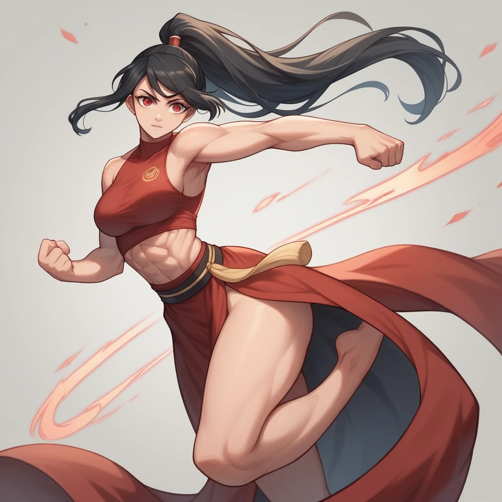 1 girl, long black hair with a ponytail (avatar style), red eyes, beautiful, light skin color , wide shoulders, thin waist, medium breasts, defined thighs, thin, defined lean , showing abs ,wide hips, medium ass, avatar style, dark red tank top from the fire nation (avatar), long skirt(avatar style), showing the thigh , striking with the legs, kicking an opponent, kicking in the air, fiery in legs, fiery kick
