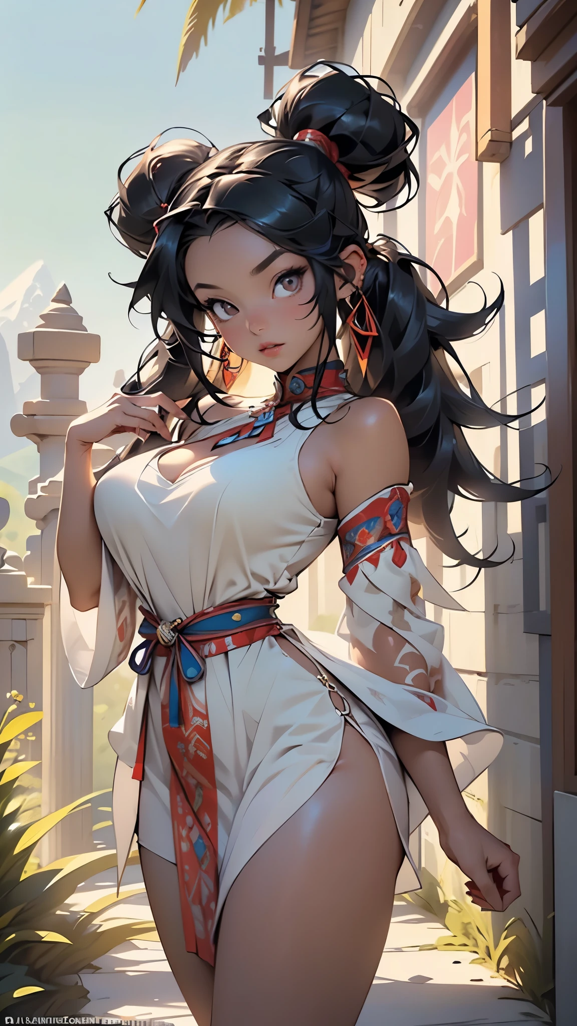 ((Pocahontas)),1girl,((Native American)),

(large breasts:1.5),((tlily, black hair, twintails,her black and loose hair,dark long hair,(floating hair:1),straight hair)),(((black_eyes:1.3))),intricate eyes,beautiful detailed eyes,symmetrical eyes,((((dark skin,lustrous skin:1.5,bright skin: 1.5,shiny skin,very shiny skin,shiny body)))),(spider lower abdomen,narrow waist,wide hip,athletic body,inflated legs,thick thighs),(((detailed face))),beautiful detailed lips,Highlighted feminine curves,athletic build,slim athletic waist, wide hips,fair skin, high cheekbones, straight nose, full lips, flat belly, thin waist, wide hips, large ass, long legs, thick thighs,

cute,slutty,sensual,seductive look,seductive,((erotic)),(((nsfw))),
 
(feather hair ornament, headband),(bare legs,exposed shoulders,cleavage),((tribal, tribal dress:1), ((Native American dress,dress)), native american theme, beads, feathers, flowers, ornaments, ((ocher colored clothes))),

dynamic pose,looking at viewer,embarrassed,centered,scale to fit dimensions,Rule of thirds,

outdoors,(in the mountains. Nevada desert visible. sunset),scenery,extremely scenery,(sunset, golden hour),

(Glossy native american ornaments),highres,sharp focus,(ultra detailed,extremely detailed),(photorealistic artwork:1.37),(extremely detailed CG unity 8k wallpaper),(((vibrant colors,vibrant theme))),(intricate),(masterpiece),(best quality),artistic photography,(photography taken by sldr),(intricate background),perfect rendered face,perfect face details,realistic face,photo realistic,((intricate detail)),(((realism))),
