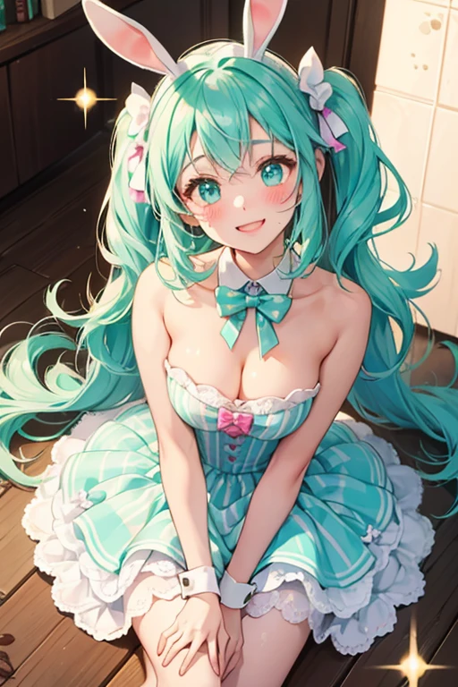 A mint ice cream scoop GIRL bunny Num with a happy expression and faint blushed cheeks. She has white stripes swirled throuhg. A chocolate bow adorns her SPARKLE; GLITTER