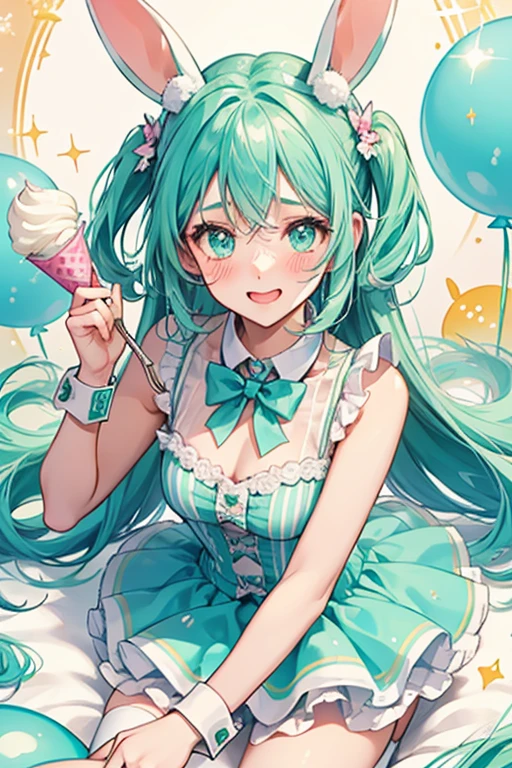 A mint ice cream scoop GIRL bunny Num with a happy expression and faint blushed cheeks. She has white stripes swirled throuhg. A chocolate bow adorns her SPARKLE; GLITTER