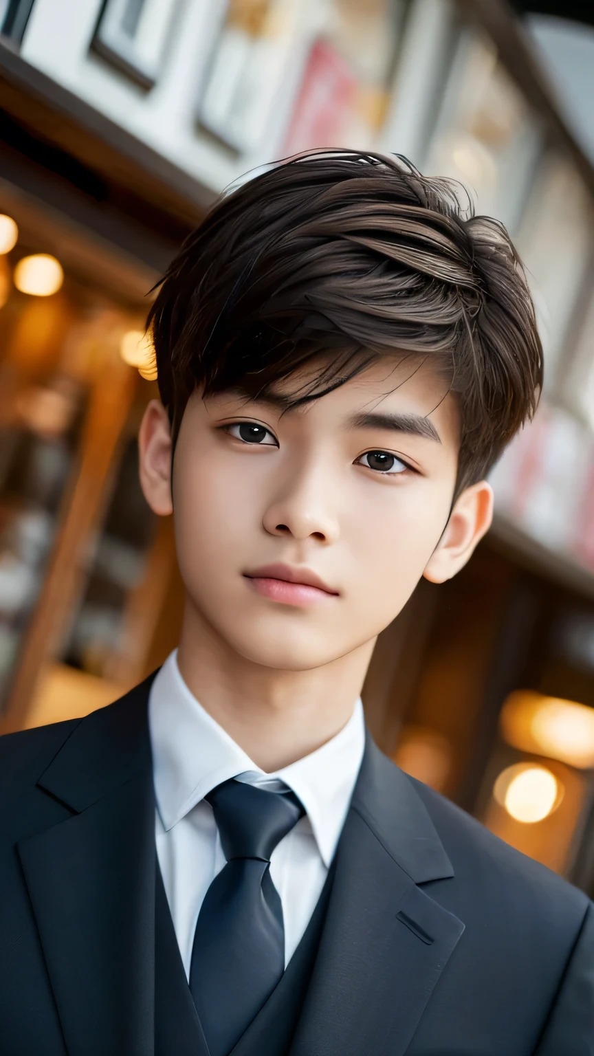 Highest quality, masterpiece, Ultra-high resolution, (Realistic: 1.4), Original photo, wallpaper, Head Photo, skin, Simple Background, Iris, detailed, Selfie, 1 boy, 18-year-old, good looking, Wind,suit、restaurant