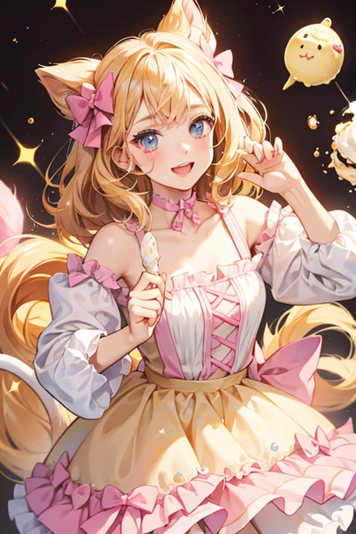 Pale yellow ice cream GIRL cat with chocolate syrup and caramel-colored sprinkles. She winks and wears two pink bows. SPARKLE; GLITTER