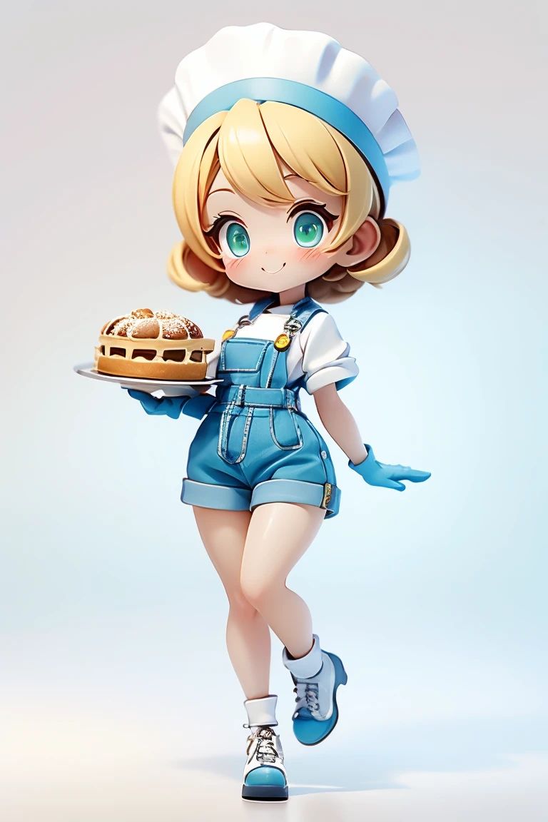 Adorable and cute , with Thermal Kitchen Gloves on both hands. Holding a round baking pan in her left hand full of small, round buns. happy with a wide smile of happiness, proud. Full, flushed cheeks. Pure white image background. ultra quality. Dressed in pastry chef outfit with white chef hat with light blue stripe. great smile. Full-body image, Normal legs, little black shoes. short blonde hair, greeneyes, light blue chef overalls.