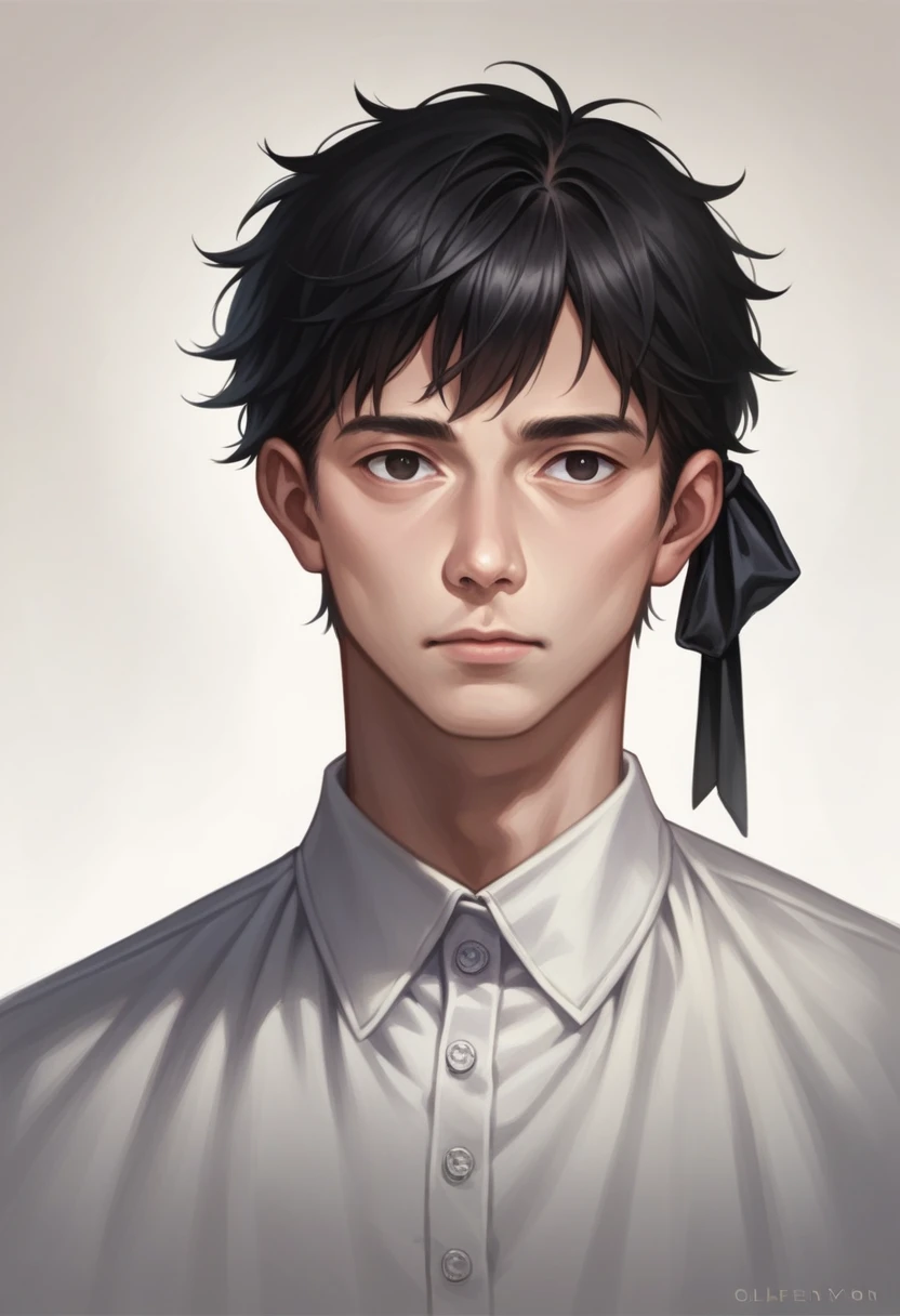 anime boy, wearing dark clothes, realistic shadows, skin detailed, Bblack hair, hair ribbon, very detailled, cute face, perfect face shape, perfect lips, perfect nose, fix beautiful eyes, watching spectator, work of art, best qualityer, Solteiro, Well good, standing alone