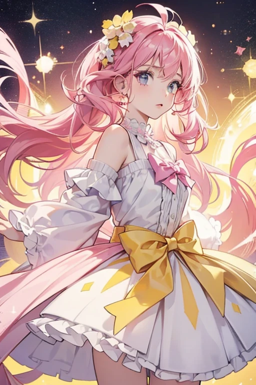 A pale yellow GIRL bear with basic expression. She has a swirl of hot pink on top of her head, and wears a pale pink bow. SPARKLE; GLITTER