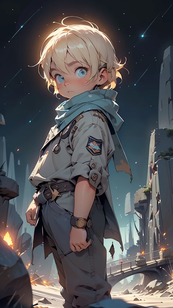 little boy,(((little boy,boy,kid,kid only,,1boy,male gender))),((((8 years old)))),

child's chest,(((hair golden as barley,messy short hair))),((sky_blue_eyes:1.3))),intricate eyes,beautiful detailed eyes,symmetrical eyes,big eyes:1.5,(((lustrous skin:1.5,tanned skin,bright skin: 1.5,skin tanned,shiny skin,very shiny skin,shiny body))),(((kid body,a little chubby,good anatomy,accurate body proportions,detailed shota body for young boy,))),(((detailed face and eyes))),Round face,small nose, snub nose,

innocent and vulnerable appearance,kind, dreamy and adventurous,pure heart and ability to love and learn,symbol of hope, imagination and the search for the meaning of life,

(Early 20th century aviator uniform, navy blue uniform with gold buttons), (red neck scarf, long scarf, flowing scarf), long red cape that reaches to the ankles, brown belt with gold buckle,(clothing is simple and practical, but also elegant and a little old-fashioned),

dynamic pose,looking at viewer,,centered,scale to fit dimensions,Rule of thirds,

((Fantastical Bridge Ancient:1.5, dark stone-built, Glowing blue:1.5)),((Starry sky,Unknown constellations)),(Night, Silence,Mystery),((Dark tones in the background)),((broken earth,asteroid field:1.5)),(jagged dark rocks boulders and debris shooting into the air:1.3),Extraterrestrial scenery,dark asteroid belt,surrounded by several dark asteroids glowing with fiery auras, vast and mysterious universe,cosmic landscape,mysterious planet,scenery:1.25,((intricate scenery)),(black background, stars that do not shine, sense of space),

(Glossy Ancient ornaments),highres,sharp focus,(ultra detailed,extremely detailed),(photorealistic artwork:1.37),(extremely detailed CG unity 8k wallpaper),(((vibrant colors,vibrant theme))),(intricate),(masterpiece),(best quality),artistic photography,(photography taken by sldr),(intricate background),perfect rendered face,perfect face details,realistic face,photo realistic,((intricate detail)),(((realism))),