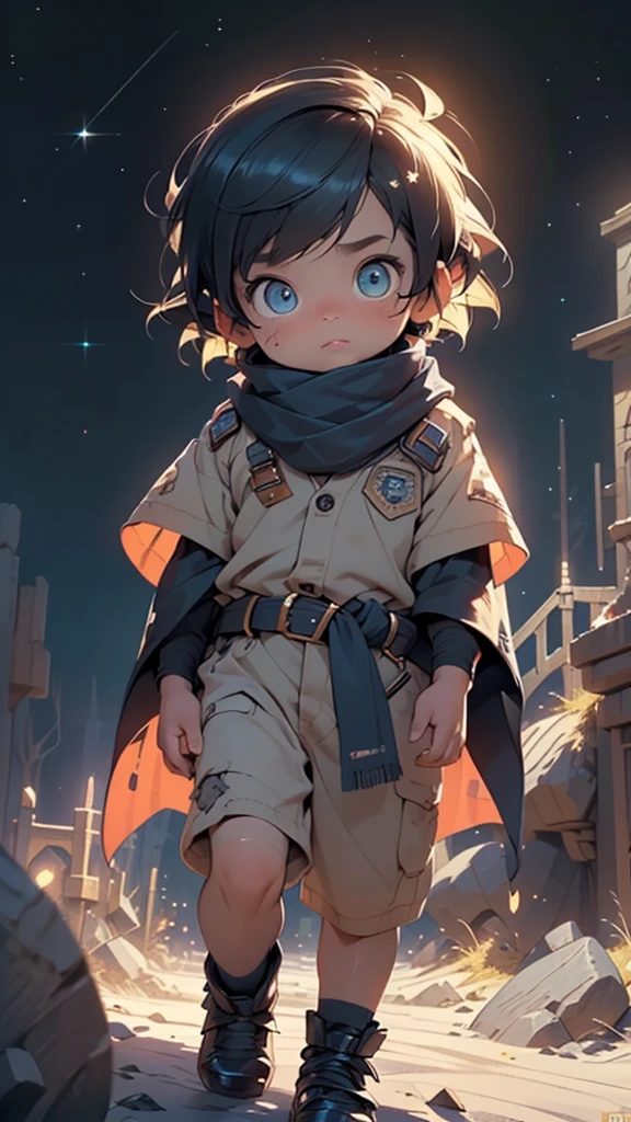 boy,(((little,male gender))),((((8 years old)))),
child's chest,(((en as barley,mesort hair))),((sky_blue_eyes:1.3))),intricate eyes,beautiful detailed eyes,symmetrical eyes,big eyes:1.5,(((lustrous skin:1.5,tanned skin,bright skin: 1.5,skin tanned,shiny skin,very shiny skin,shiny body))),(((kid body,a little chubby,good anatomy,accurate body proportions,detailed shota body for young boy,))),(((detailed face and eyes))),Round face,small nose, snub nose,
innocent and vulnerable appearance,kind, dreamy and adventurous,pure heart and ability to love and learn,symbol of hope, imagination and the search for the meaning of life,
(Early 20th century aviator uniform, navy blue uniform with gold buttons), (red neck scarf, long scarf, flowing scarf), long red cape that reaches to the ankles, brown belt with gold buckle,(clothing is simple and practical, but also elegant and a little old-fashioned),
dynamic pose,looking at viewer,,centered,scale to fit dimensions,Rule of thirds,
((Fantastical Bridge Ancient:1.5, dark stone-built, Glowing blue:1.5)),((Starry sky,Unknown constellations)),(Night, Silence,Mystery),((Dark tones in the background)),((broken earth,asteroid field:1.5)),(jagged dark rocks boulders and debris shooting into the air:1.3),Extraterrestrial scenery,dark asteroid belt,surrounded by several dark asteroids glowing with fiery auras, vast and mysterious universe,cosmic landscape,mysterious planet,scenery:1.25,((intricate scenery)),(black background, stars that do not shine, sense of space),
(Glossy Ancient ornaments),highres,sharp focus,(ultra detailed,extremely detailed),(photorealistic artwork:1.37),(extremely detailed CG unity 8k wallpaper),(((vibrant colors,vibrant theme))),(intricate),(masterpiece),(best quality),artistic photography,(photography taken by sldr),(intricate background),perfect rendered face,perfect face details,realistic face,photo realistic,((intricate detail)),(((realism))),