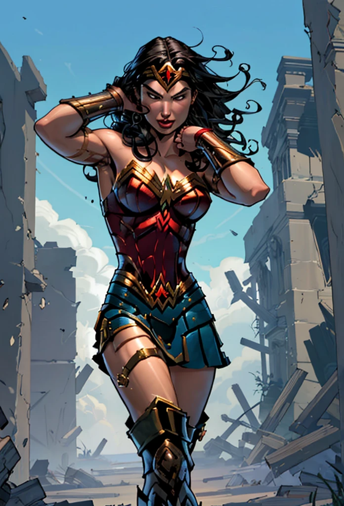 ((ultra intricate details, glossy, smooth, comic style, airbrushed)), ((dynamic sexy action pose)), wonder woman searching ancient roman ruins, toned perfect body, gal gadot|(Jennifer Connelly:0.6), tanned skin, wonder woman outfit, short skirt, thigh boots, crumbling stone work, overgrown, soft edge lighting, highly detailed, ((body portrait))