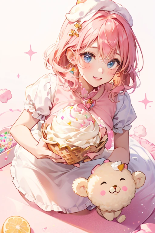 A peach-colored, winking ice cream GIRL bear with white cream piled on the top, adorned by pink sprinkles. SPARKLE; GLITTER