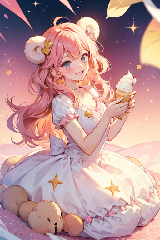 A peach-colored, winking ice cream GIRL  bear with white cream piled on the top, adorned by pink sprinkles. SPARKLE; GLITTER