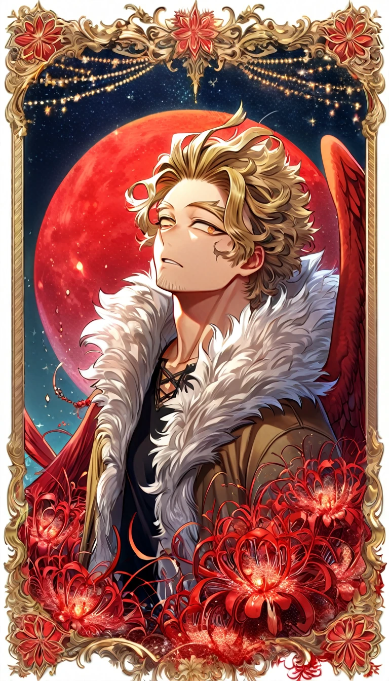 absurdres, highres, ultra detailed, HDR, master piece, best quality, extremely detailed, Hawks, ash-blonde hair, expressive golden brown eyes, faint stubble, Boku No Hero Academia, solo, sexy man, handsome, sensual, brown jacket with fur, black shirt with patterns, red wings, fantasy, red blood water, sparkling, red glittering fireflies, red moon, red blossoms, red spider lilies, red sparkling lights, starry sky, magical