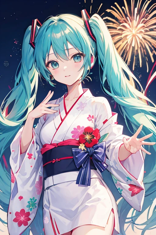 1girl,
hatsune miku,solo,best quality,detailed,lighting and shadow,full body,standing on one leg,looking at viewer,holding,smile,open mouth,aqua eyes,hair between eyes,very long hair,aqua hair,twintails,hair flower,hair bow,bangs,thigh strap,white socks,print kimono,white kimono,short kimono,wide sleeves,floral print,tabi,lily pad,obi,outdoors,blue bow,pouch,lotus,yukata,aerial fireworks,night sky,star (sky),starry sky,tree,sparkler,water,lake,zouri,hand fan,
masterpiece,newest,absurdres,
<lora:hxtest1:1>,hxtstyle5,<lora:Fixhands_anime_bdsqlsz_V1:1>,